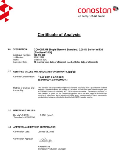Primeira página: Certificado de análise, lote 001012B20