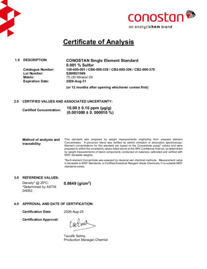 Primeira página: Certificado de análise, lote S260821049