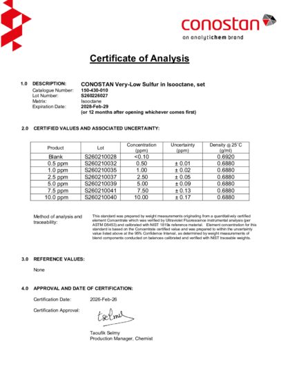 Primeira página: Certificado de análise, lote S260226027