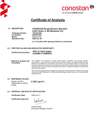 Primeira página: Certificado de análise, lote S260531003