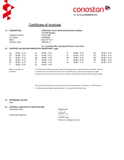 Primeira página: Certificado de análise, lote S260504003