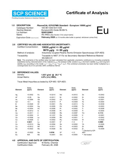 Primeira página: Certificado de análise, lote S260120043