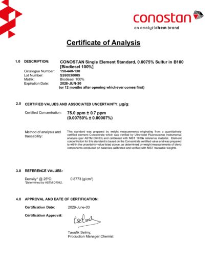 Primeira página: Certificado de análise, lote S260530005