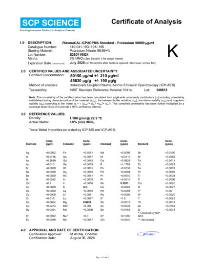 Primeira página: Certificado de análise, lote S260716024