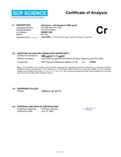 Primeira página: Certificado de análise, lote S260611046