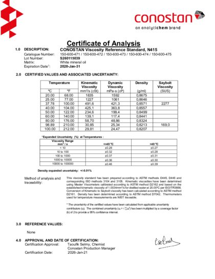 Primeira página: Certificado de análise, lote S260115039