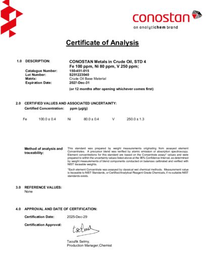 Primeira página: Certificado de análise, lote S251223040