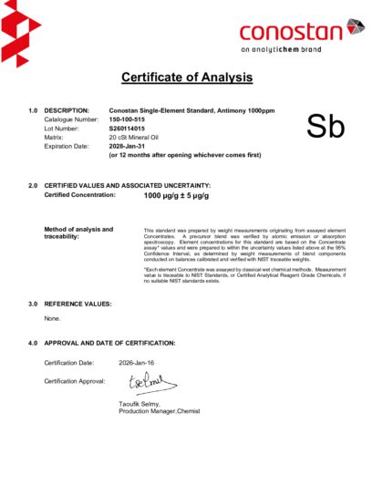 Primeira página: Certificado de análise, lote S260114015