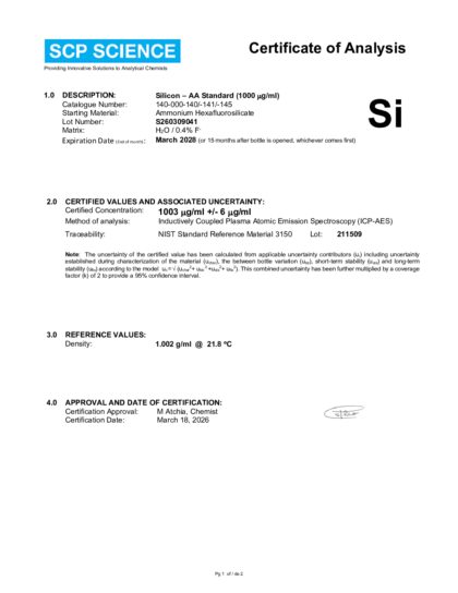 Primeira página: Certificado de análise, lote S260309041