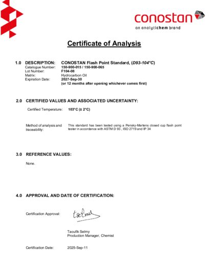 Primeira página: Certificado de análise, lote F104-08
