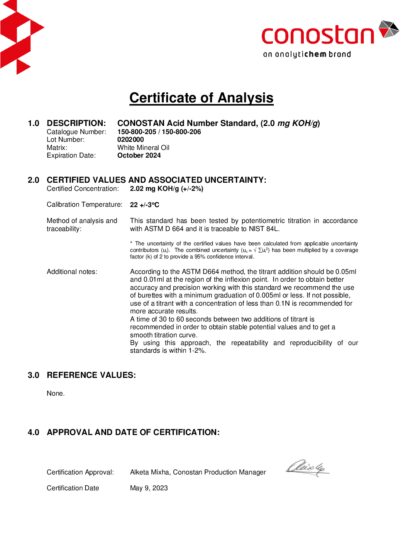 Primeira página: Certificado de análise, lote 0202000