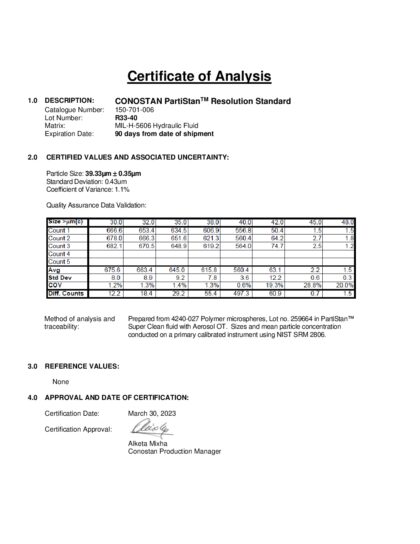 Primeira página: Certificado de análise, lote R33-40
