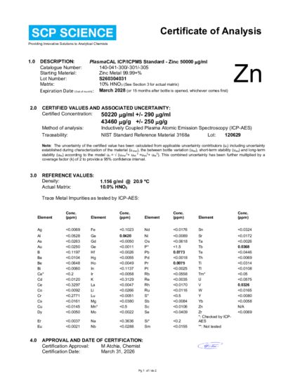 Primeira página: Certificado de análise, lote S260304031