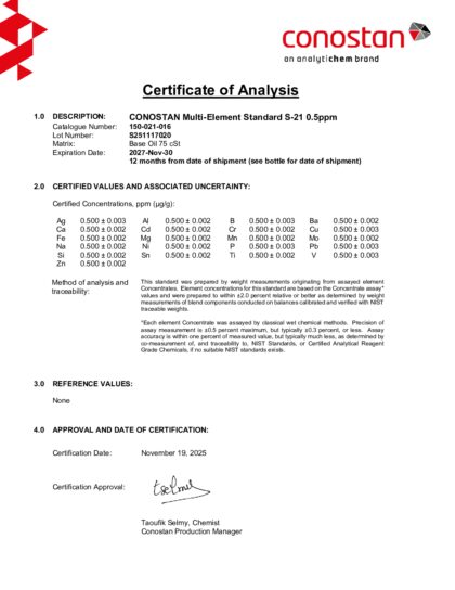 Primeira página: Certificado de análise, lote S251117020