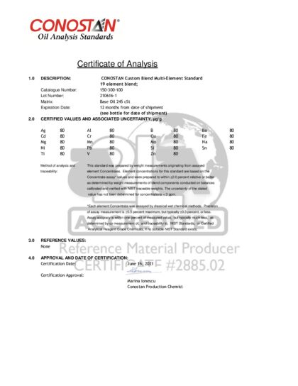 Primeira página: Certificado de análise, lote 210616-1