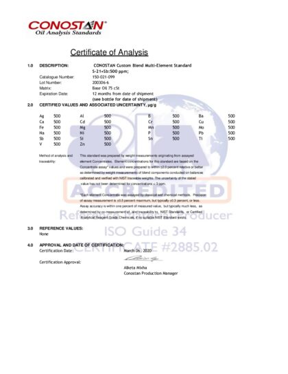 Primeira página: Certificado de análise, lote 200306-6