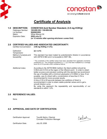 Primeira página: Certificado de análise, lote S260623030