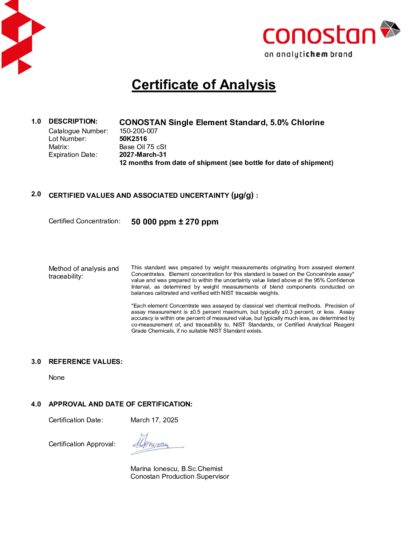 Primeira página: Certificado de análise, lote 50K2516