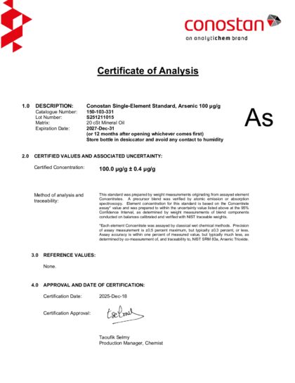 Primeira página: Certificado de análise, lote S251211015