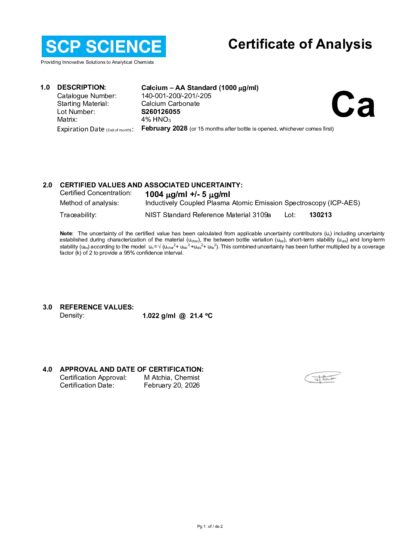 Primeira página: Certificado de análise, lote S260126055