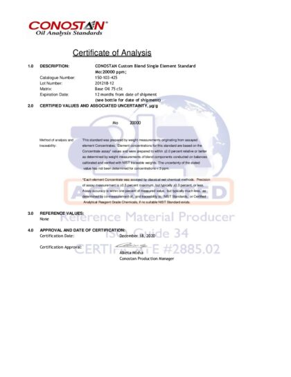 Primeira página: Certificado de análise, lote 201218-12