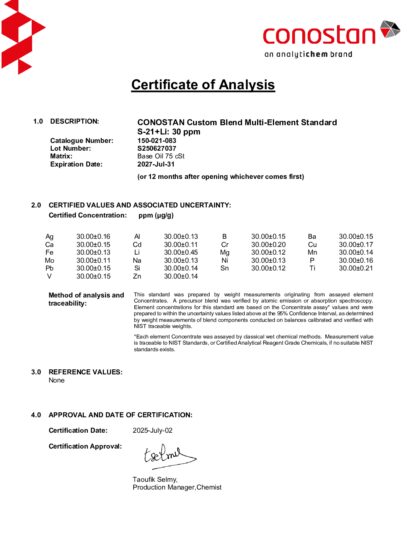 Primeira página: Certificado de análise, lote S250627037