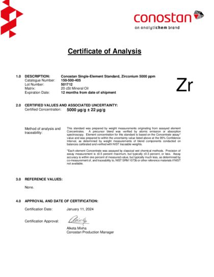Primeira página: Certificado de análise, lote 501712