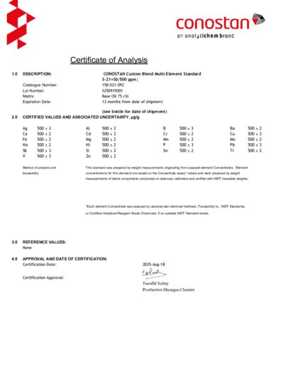 Primeira página: Certificado de análise, lote S250915001