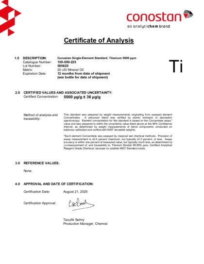 Primeira página: Certificado de análise, lote 505620