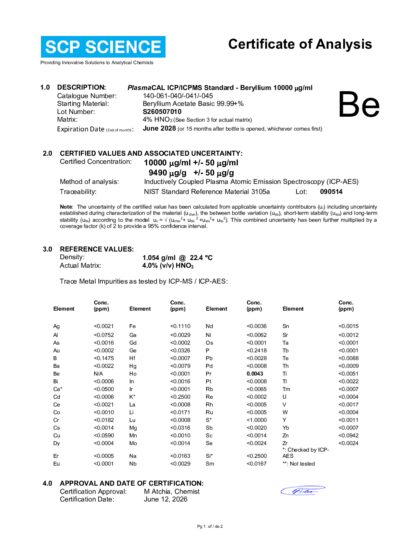 Primeira página: Certificado de análise, lote S260507010