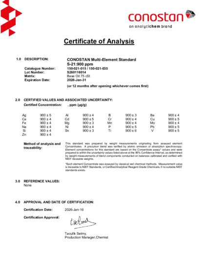 Primeira página: Certificado de análise, lote S260116014