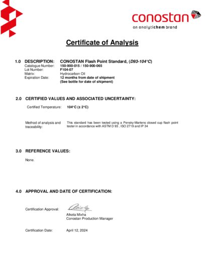 Primeira página: Certificado de análise, lote F104-07