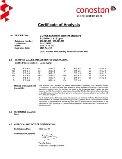 Primeira página: Certificado de análise, lote S251114022