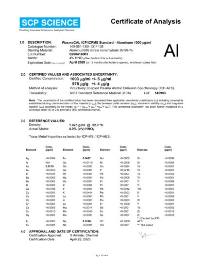 Primeira página: Certificado de análise, lote S260416003
