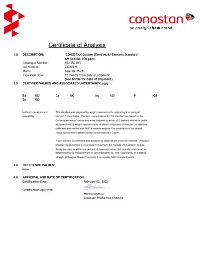 Primeira página: Certificado de análise, lote 230202-9