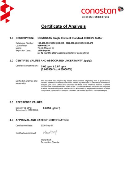 Primeira página: Certificado de análise, lote S260908030