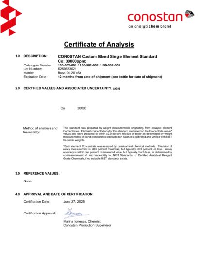 Primeira página: Certificado de análise, lote S250623021