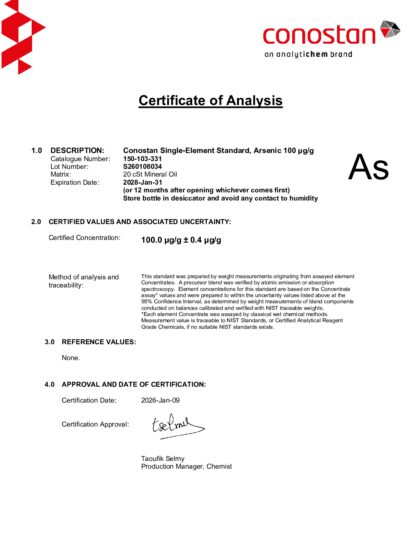 Primeira página: Certificado de análise, lote S260108034