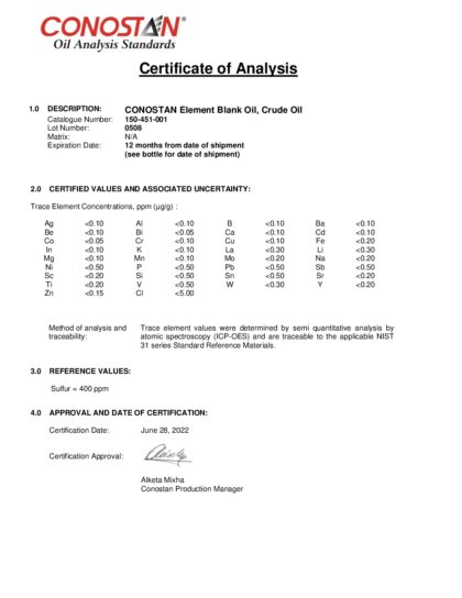 Primeira página: Certificado de análise, lote 0508
