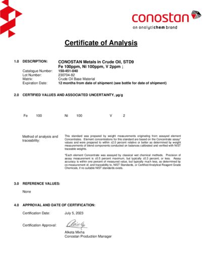 Primeira página: Certificado de análise, lote 230704-82