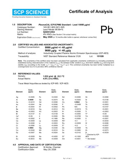 Primeira página: Certificado de análise, lote S260512034