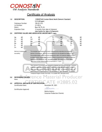 Primeira página: Certificado de análise, lote 211109-6