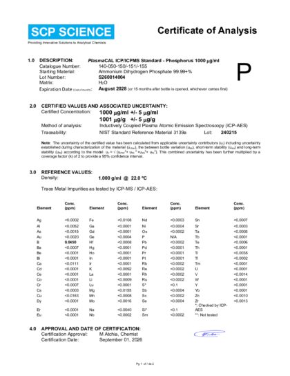 Primeira página: Certificado de análise, lote S260814004
