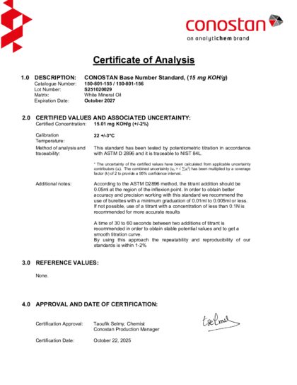 Primeira página: Certificado de análise, lote S251020029