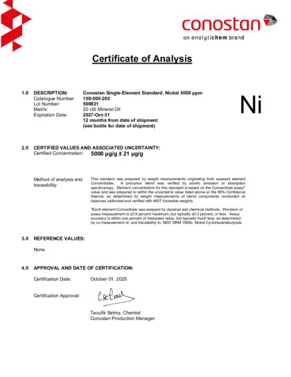 Primeira página: Certificado de análise, lote 500821