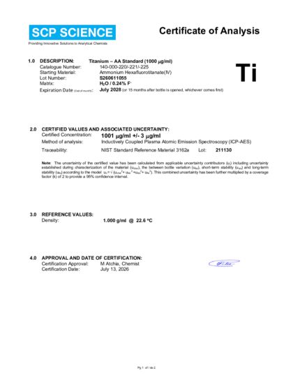 Primeira página: Certificado de análise, lote S260611055