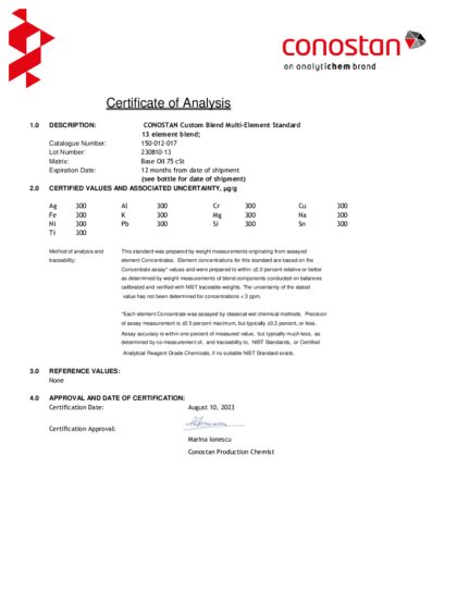 Primeira página: Certificado de análise, lote 230810-13