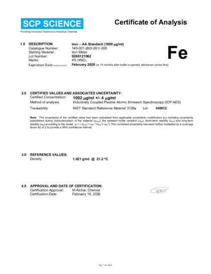Primeira página: Certificado de análise, lote S260121062