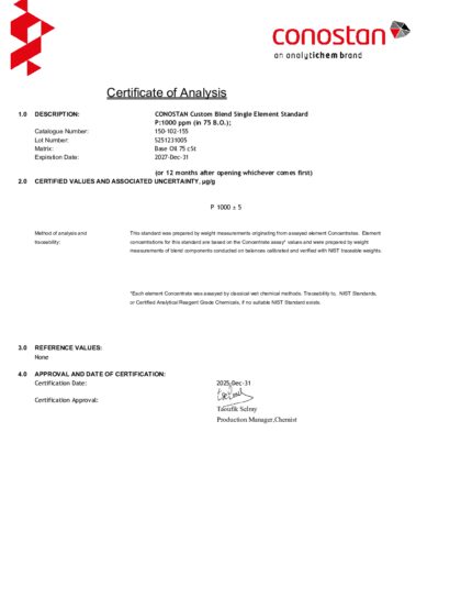 Primeira página: Certificado de análise, lote S251231005