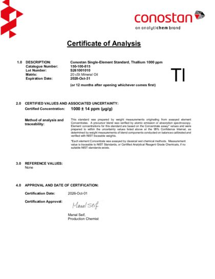 Primeira página: Certificado de análise, lote S261001010